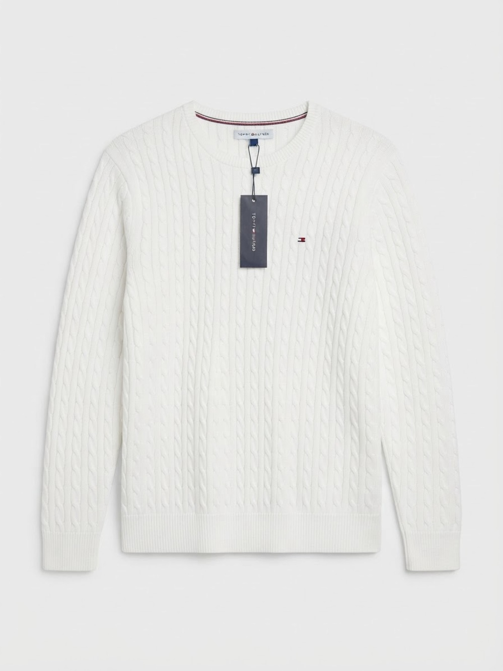 NWT Tommy Hilfiger Women White Cable Knit Crew Neck Cotton Sweater Size XL TG XG